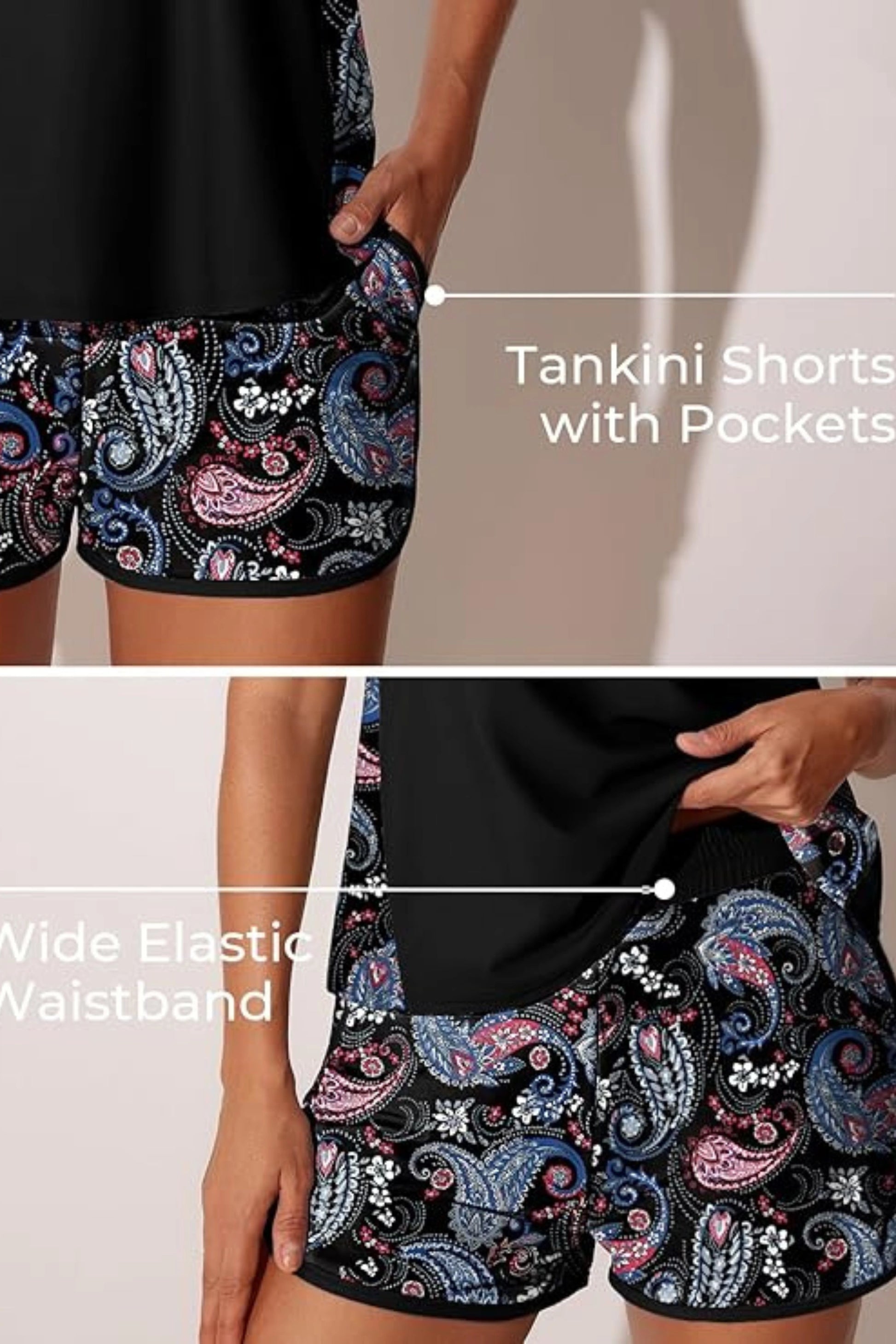 Paisley Tankini Set Racerback Top Sporty Shorts Built-In Brief Black Paisley