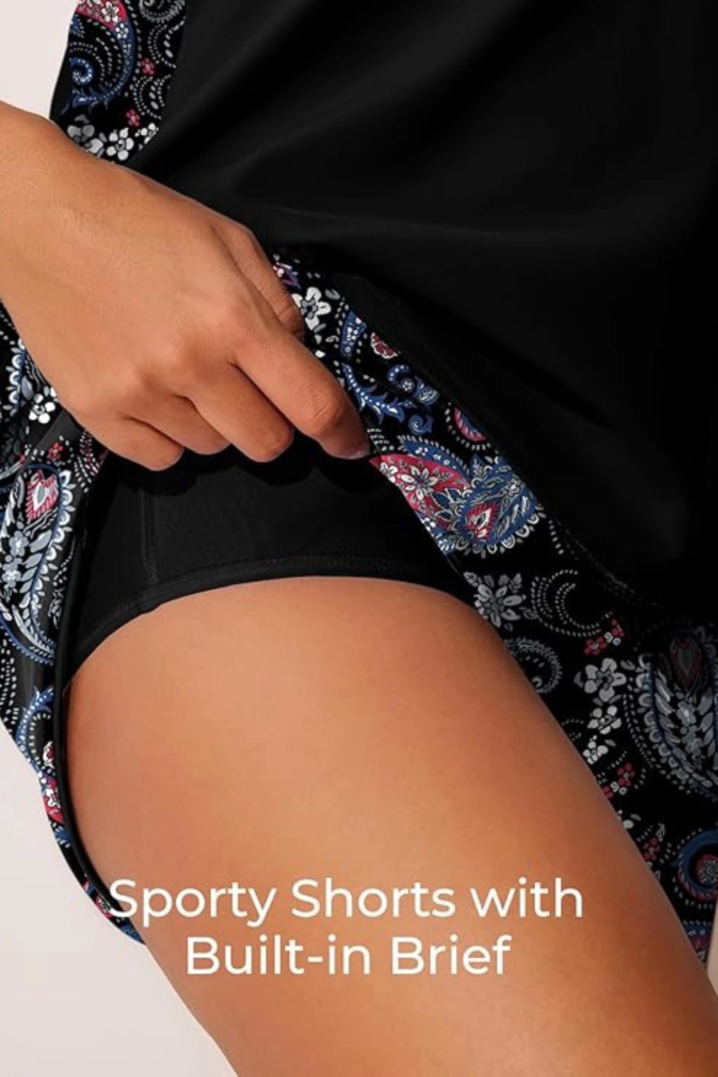 Paisley Tankini Set Racerback Top Sporty Shorts Built-In Brief Black Paisley