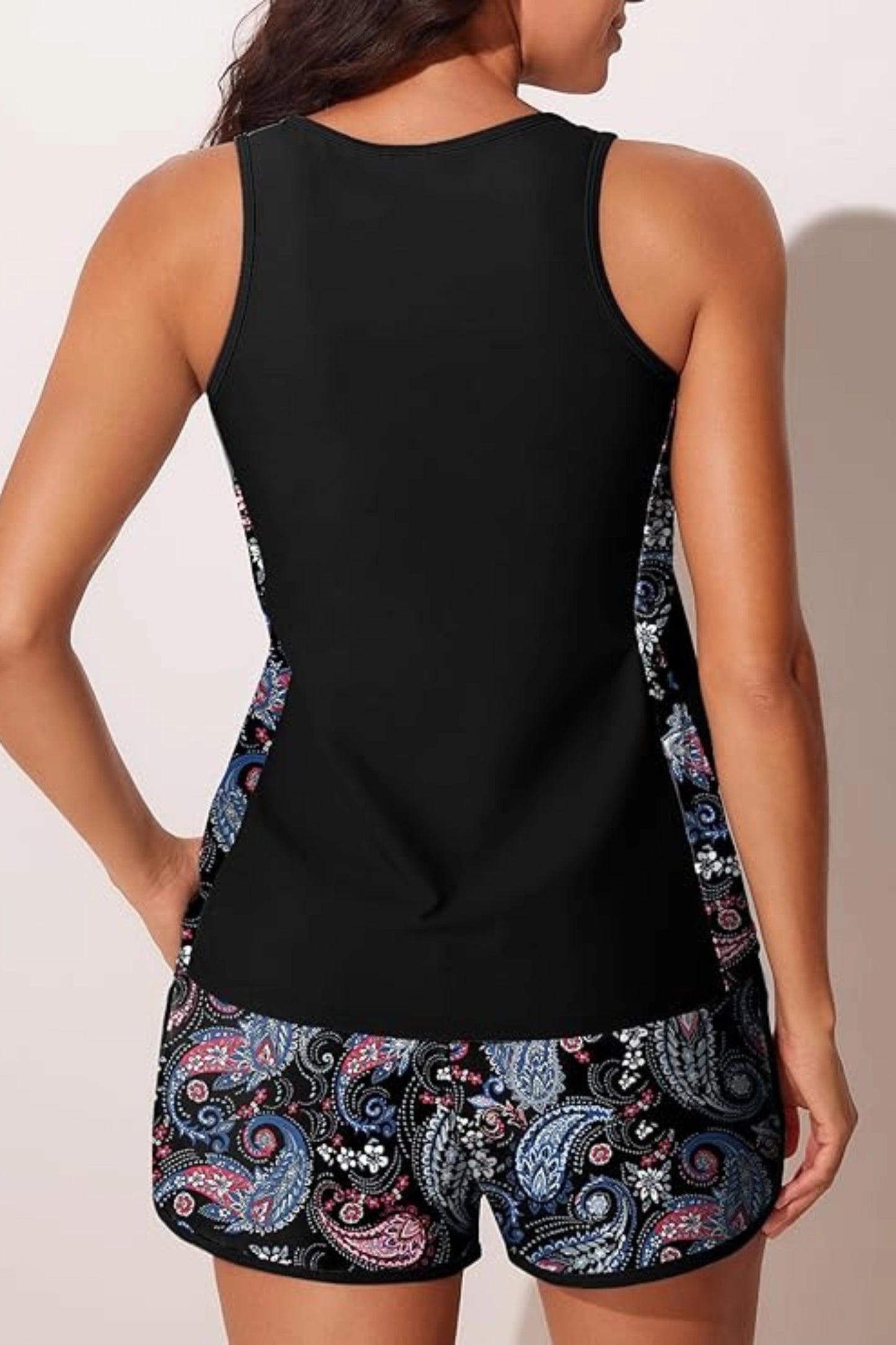 Paisley Tankini Set Racerback Top Sporty Shorts Built-In Brief Black Paisley