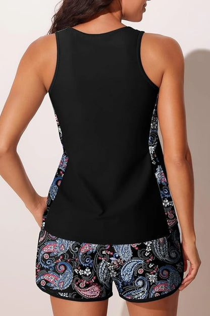 Paisley Tankini Set Racerback Top Sporty Shorts Built-In Brief Black Paisley