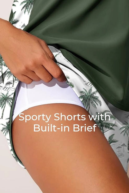 Paisley Tankini Set Racerback Top Sporty Shorts Built-In Brief Black Paisley Green Shadowa