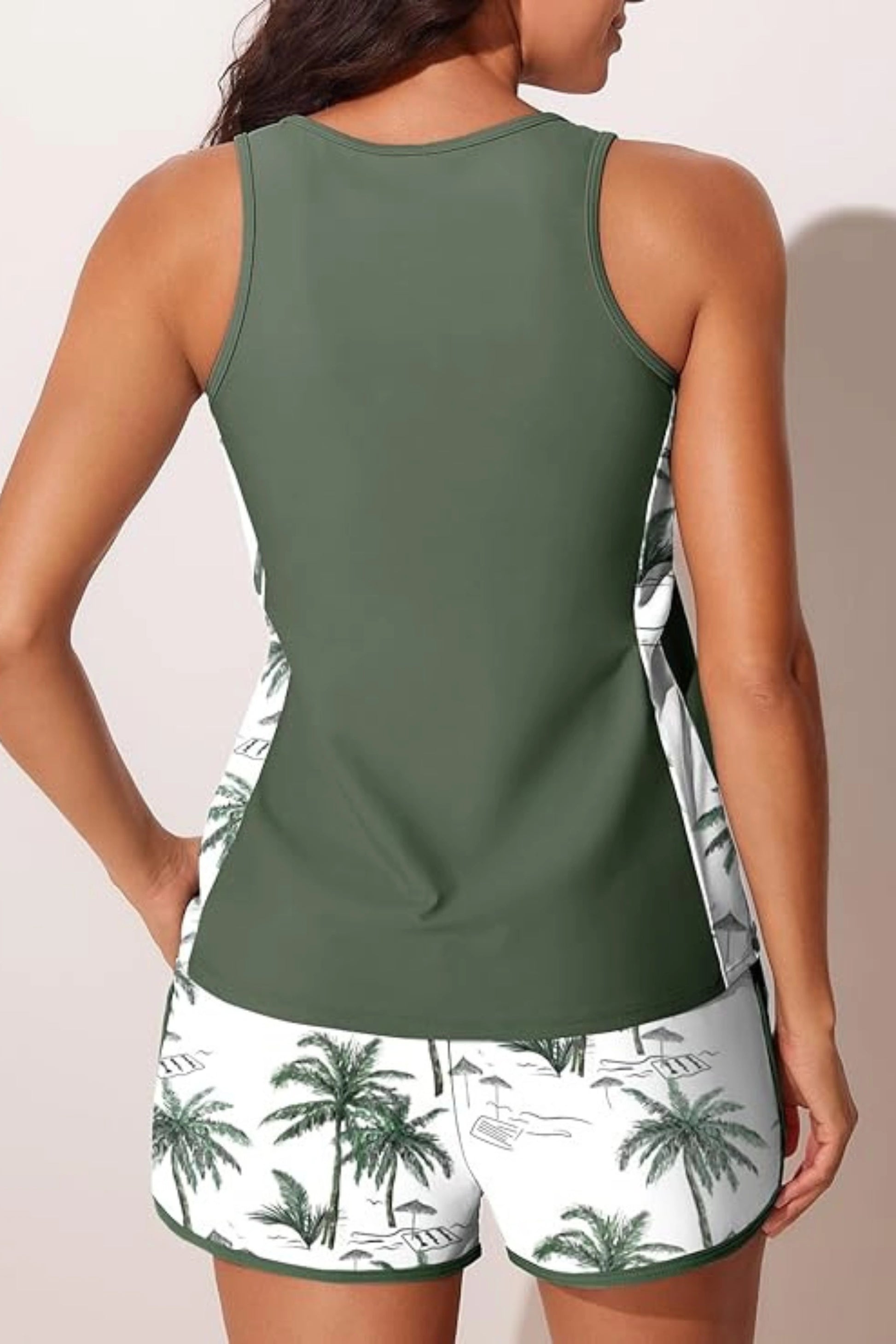 Paisley Tankini Set Racerback Top Sporty Shorts Built-In Brief Black Paisley Green Shadowa