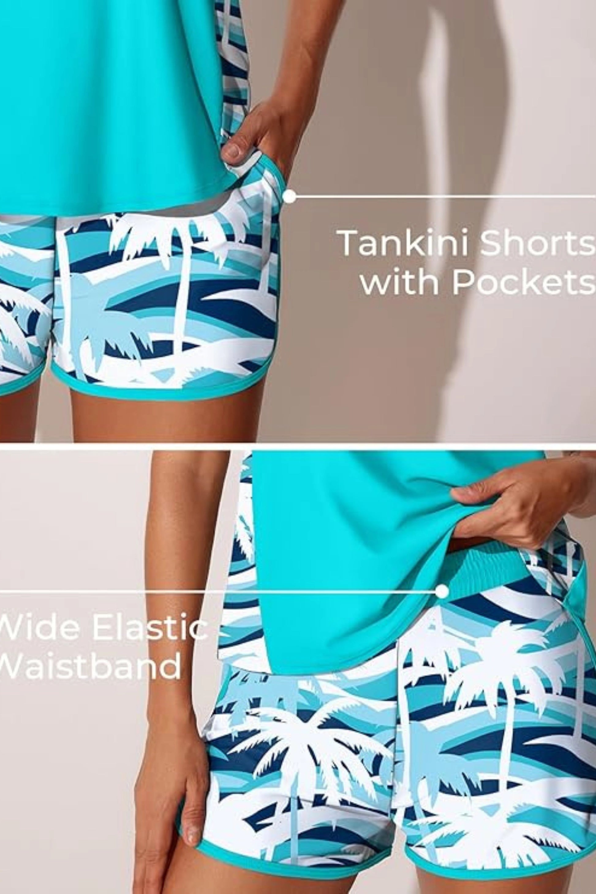 Paisley Tankini Set Racerback Top Sporty Shorts Built-In Brief Coconut Tree on the Sea