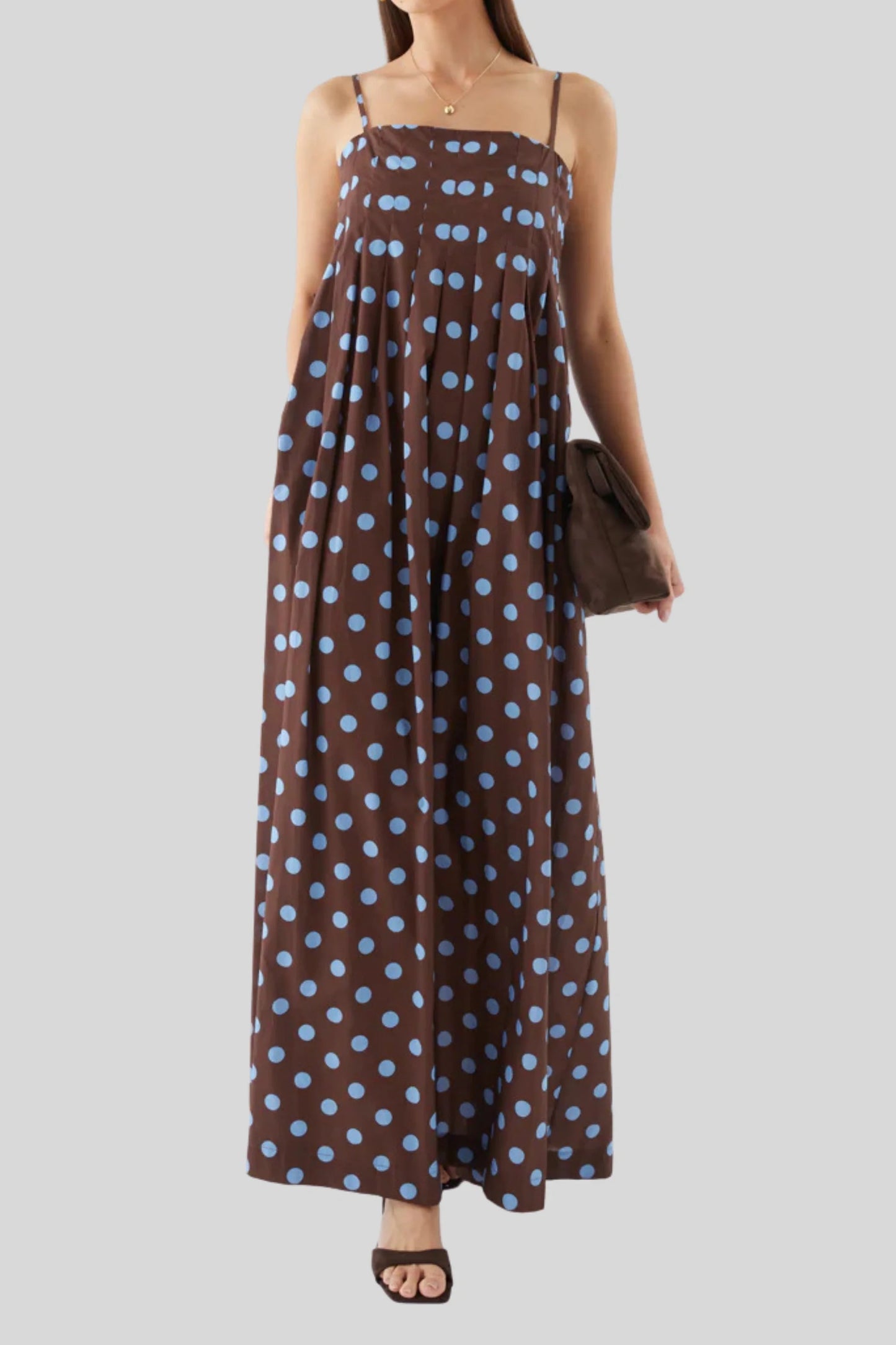 Polka Dot Super Wide Skirt Suspender Dress Dark Brown