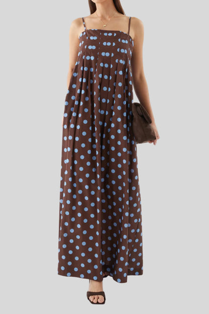 Polka Dot Super Wide Skirt Suspender Dress Dark Brown
