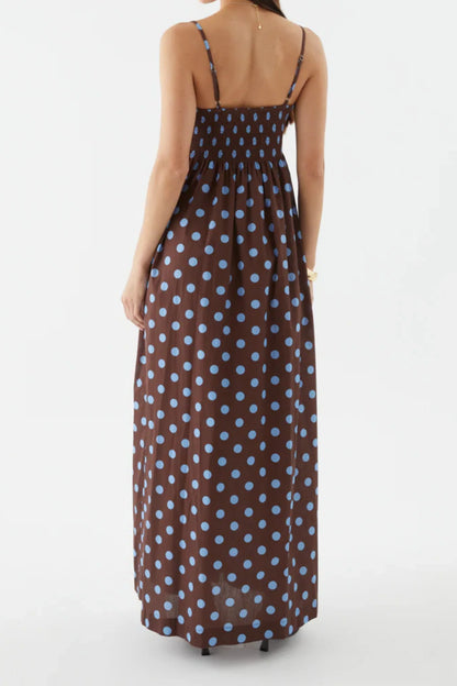 Polka Dot Super Wide Skirt Suspender Dress Dark Brown