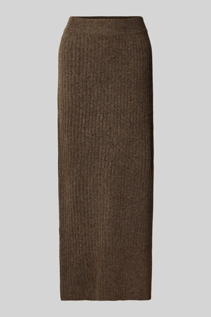 Ribbed Knit Midi Skirt with Side Slit – Brown Brown