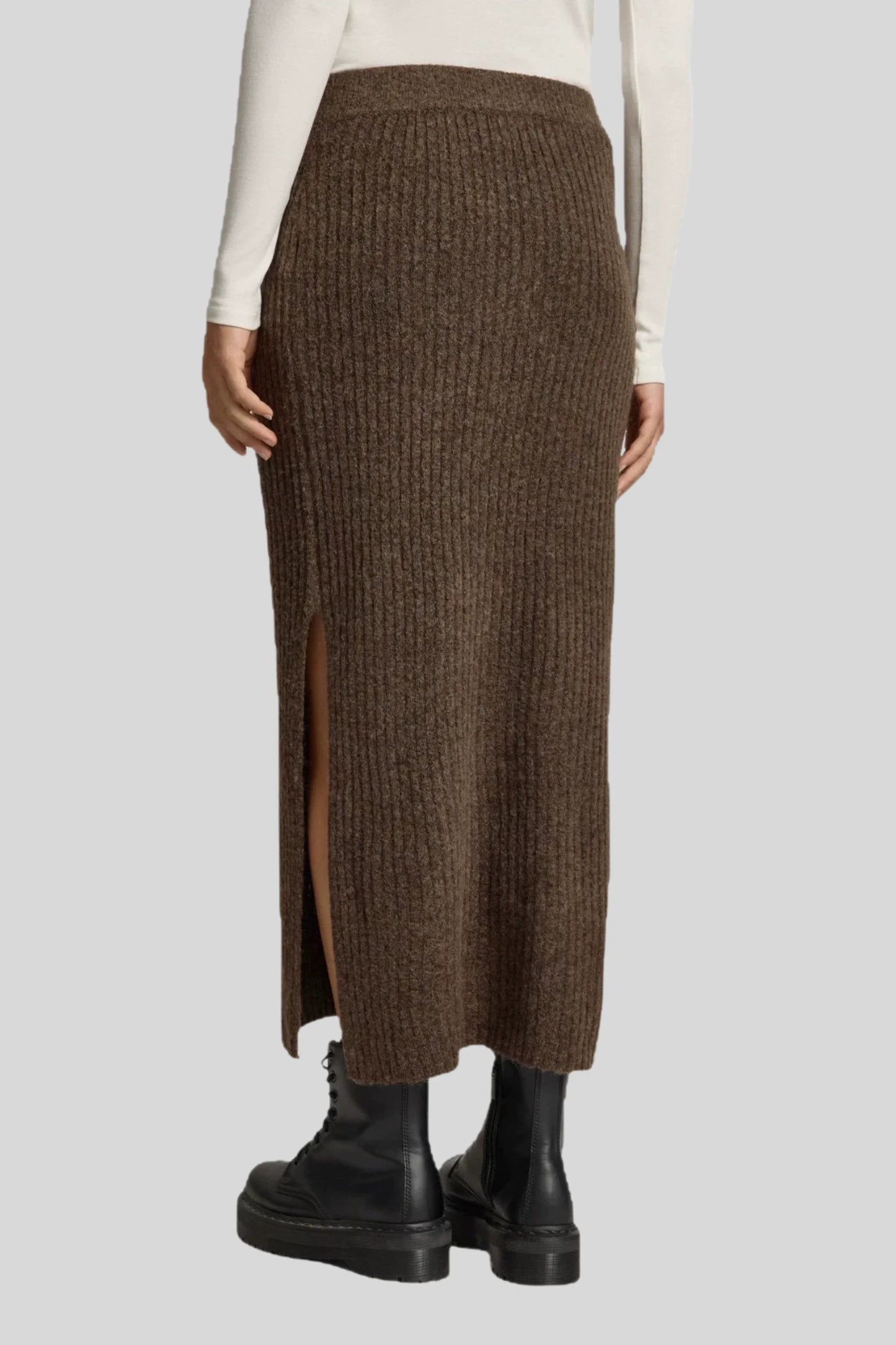 Ribbed Knit Midi Skirt with Side Slit – Brown Brown