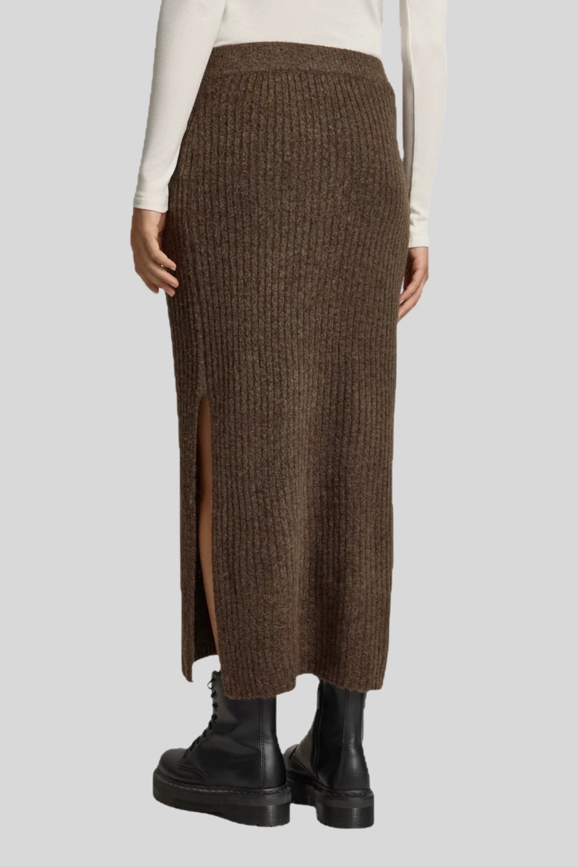 Ribbed Knit Midi Skirt with Side Slit – Brown Brown