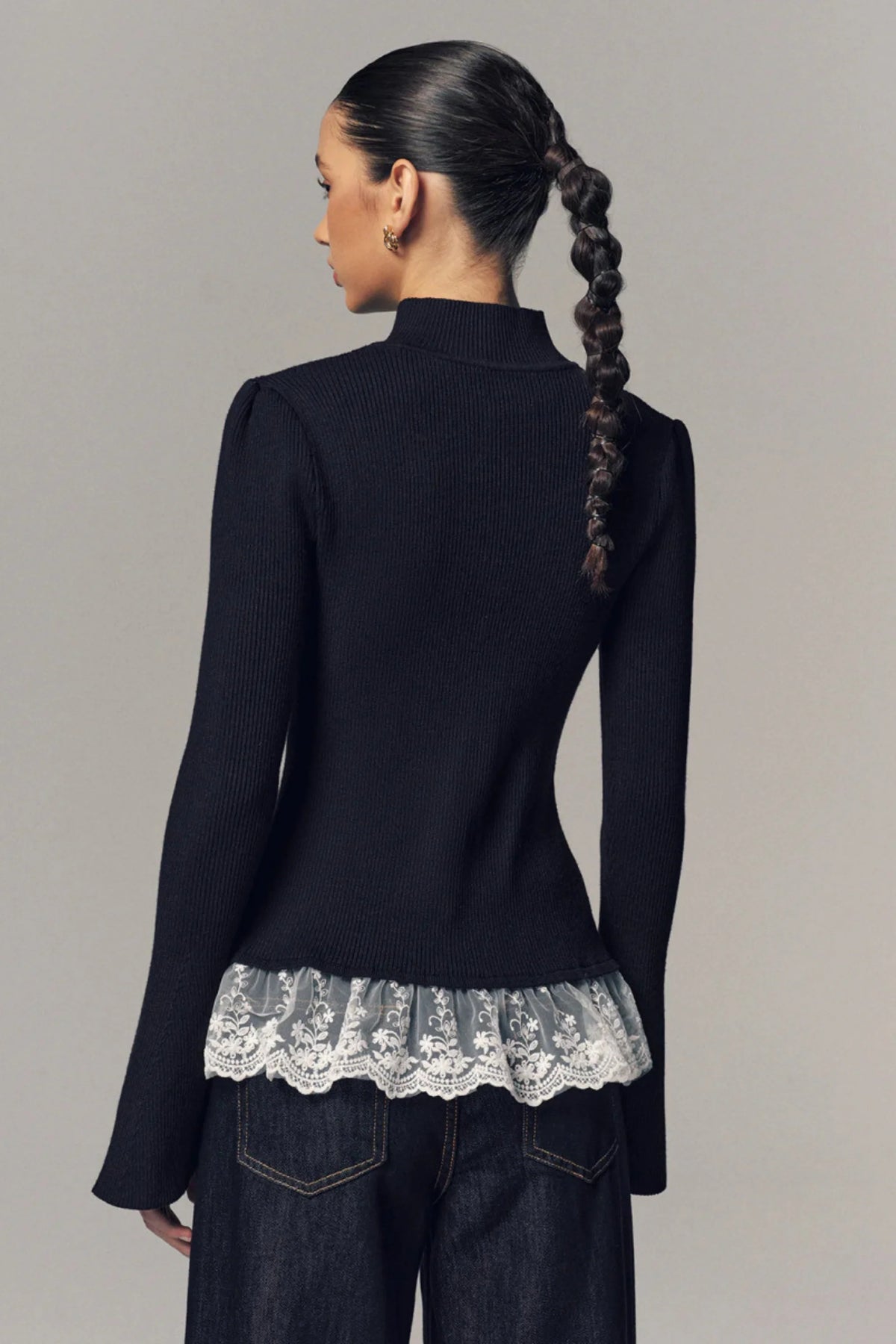 Ribbed Knit Top with Lace Ruffle Detail Dark Blue