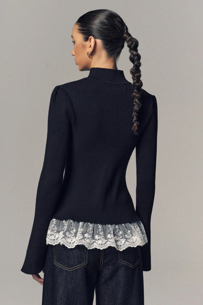 Ribbed Knit Top with Lace Ruffle Detail Dark Blue