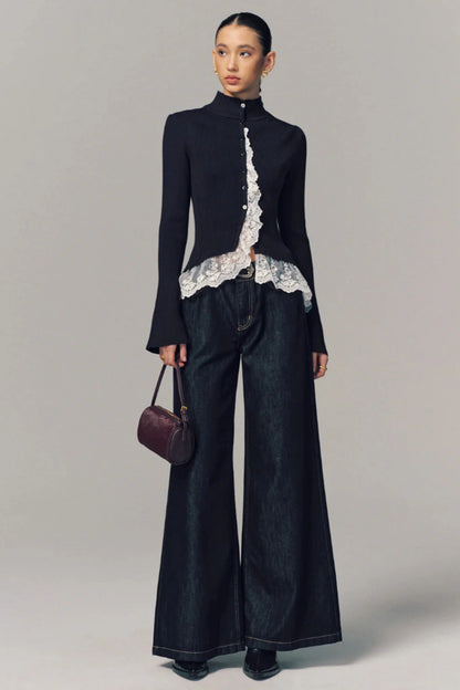 Ribbed Knit Top with Lace Ruffle Detail Dark Blue