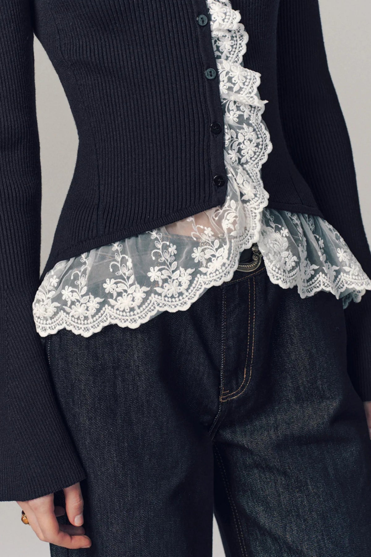 Ribbed Knit Top with Lace Ruffle Detail Dark Blue