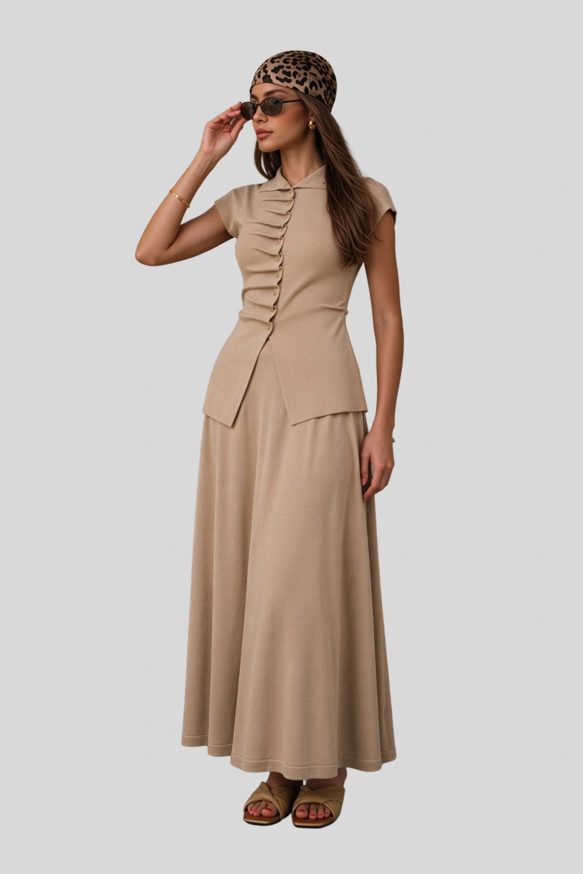 Ruched Button Knit Top and Maxi Skirt Set Apricot