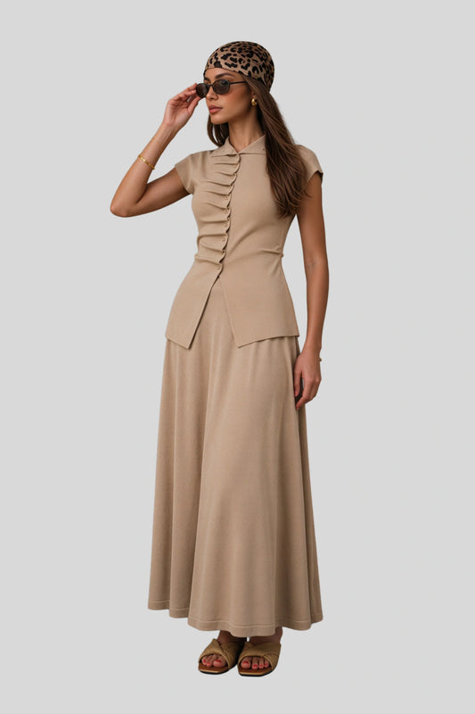 Ruched Button Knit Top and Maxi Skirt Set Apricot