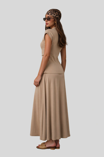 Ruched Button Knit Top and Maxi Skirt Set Apricot