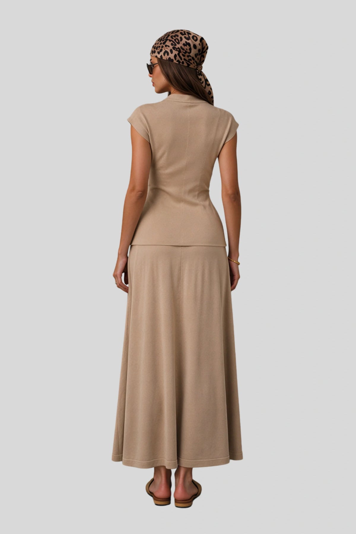 Ruched Button Knit Top and Maxi Skirt Set Apricot