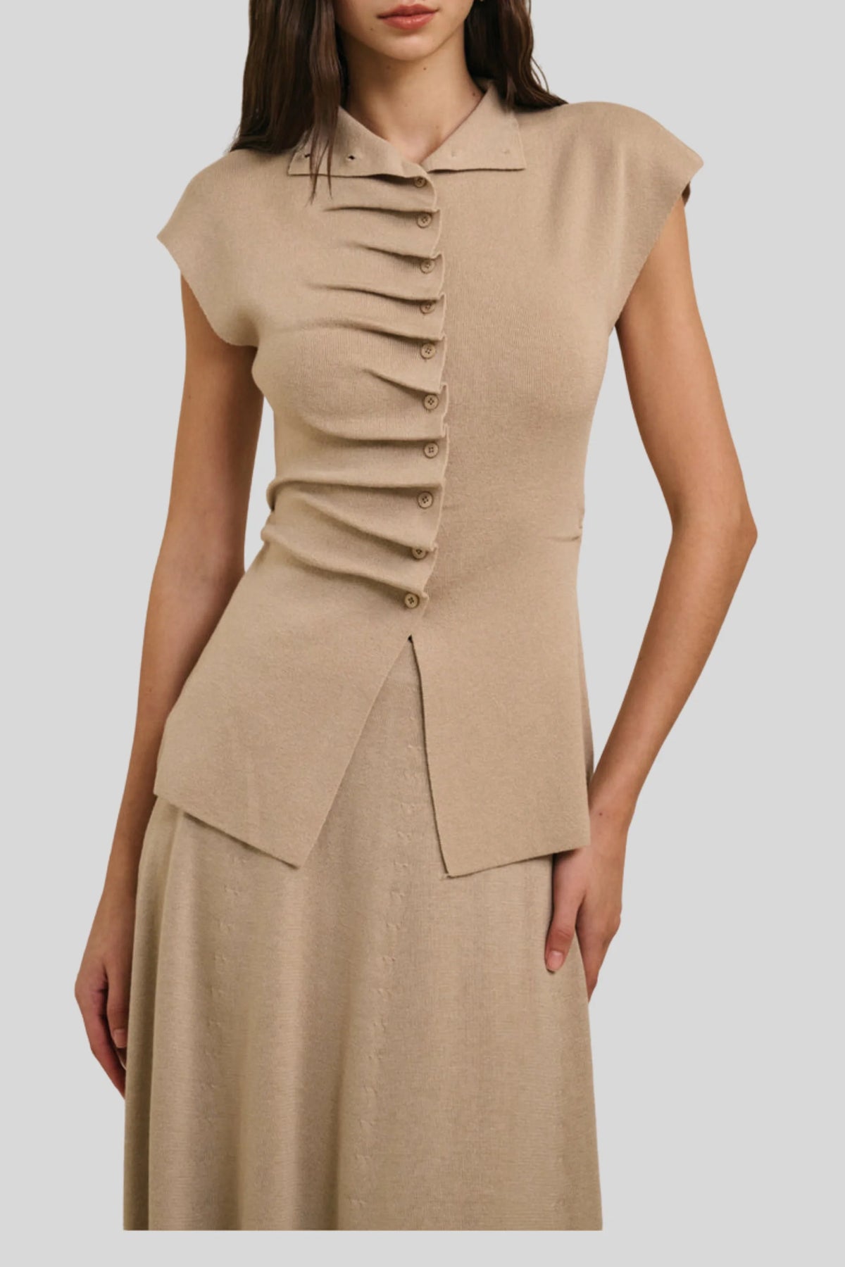 Ruched Button Knit Top and Maxi Skirt Set Apricot