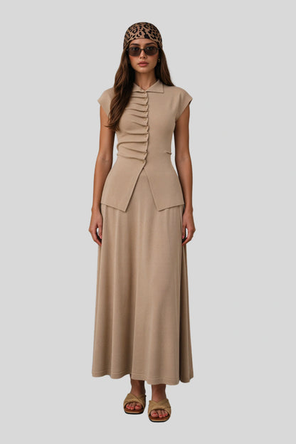 Ruched Button Knit Top and Maxi Skirt Set Apricot