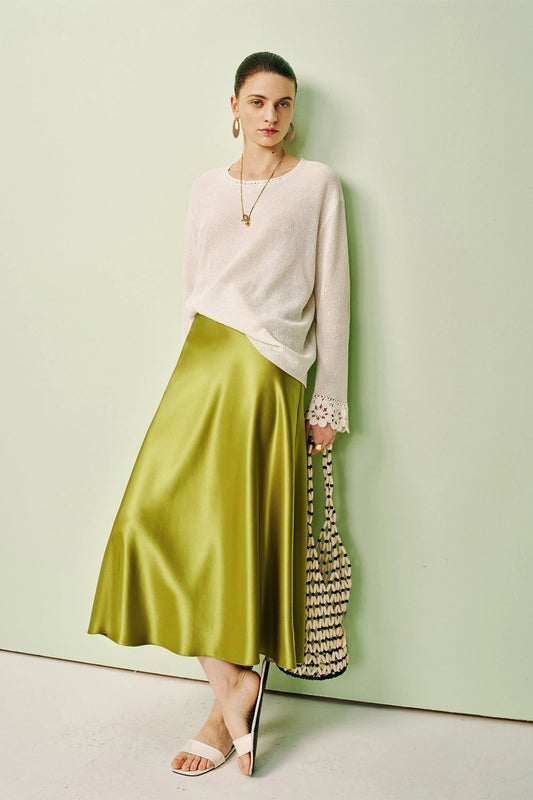 Satin Midi A-Line Skirt Fluid Draped Silhouette Avocado Green