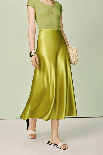 Satin Midi A-Line Skirt Fluid Draped Silhouette Avocado Green