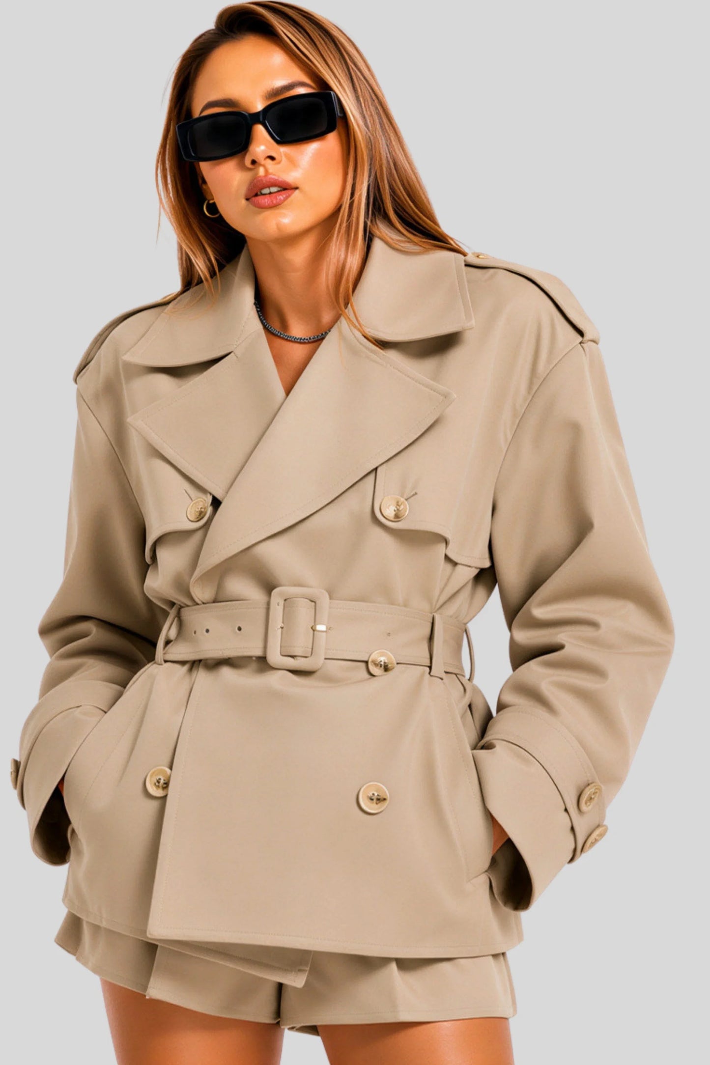 Short Double-Breasted Trench Jacket with Belt – Beige
