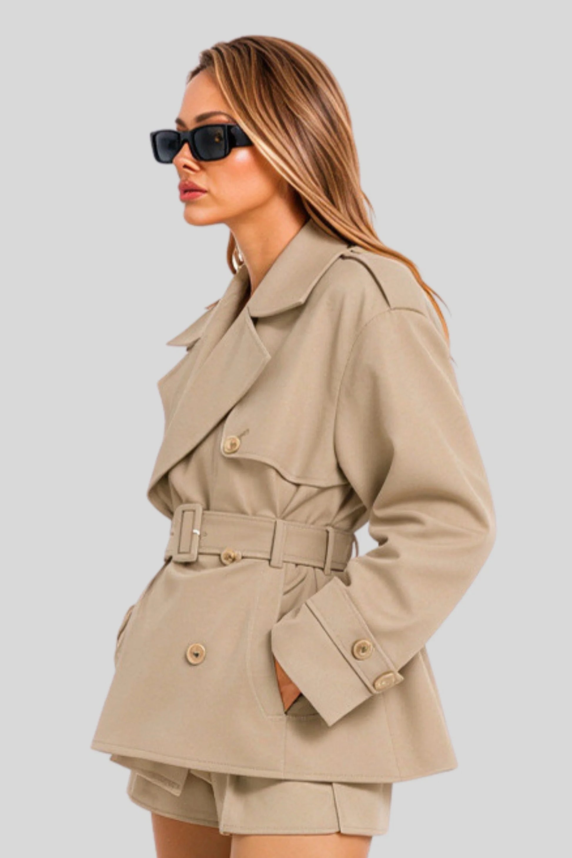 Short Double-Breasted Trench Jacket with Belt – Beige
