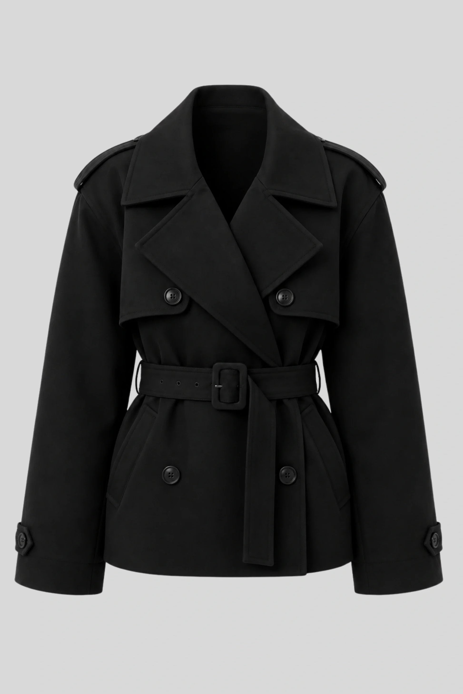 Short Double-Breasted Trench Jacket with Belt – Black
