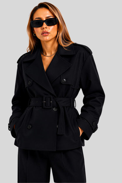 Short Double-Breasted Trench Jacket with Belt – Black