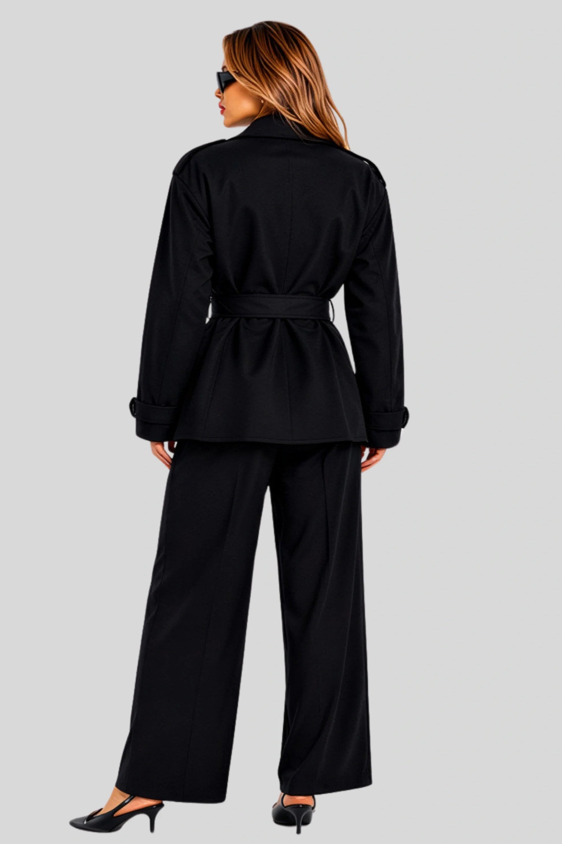 Short Double-Breasted Trench Jacket with Belt – Black