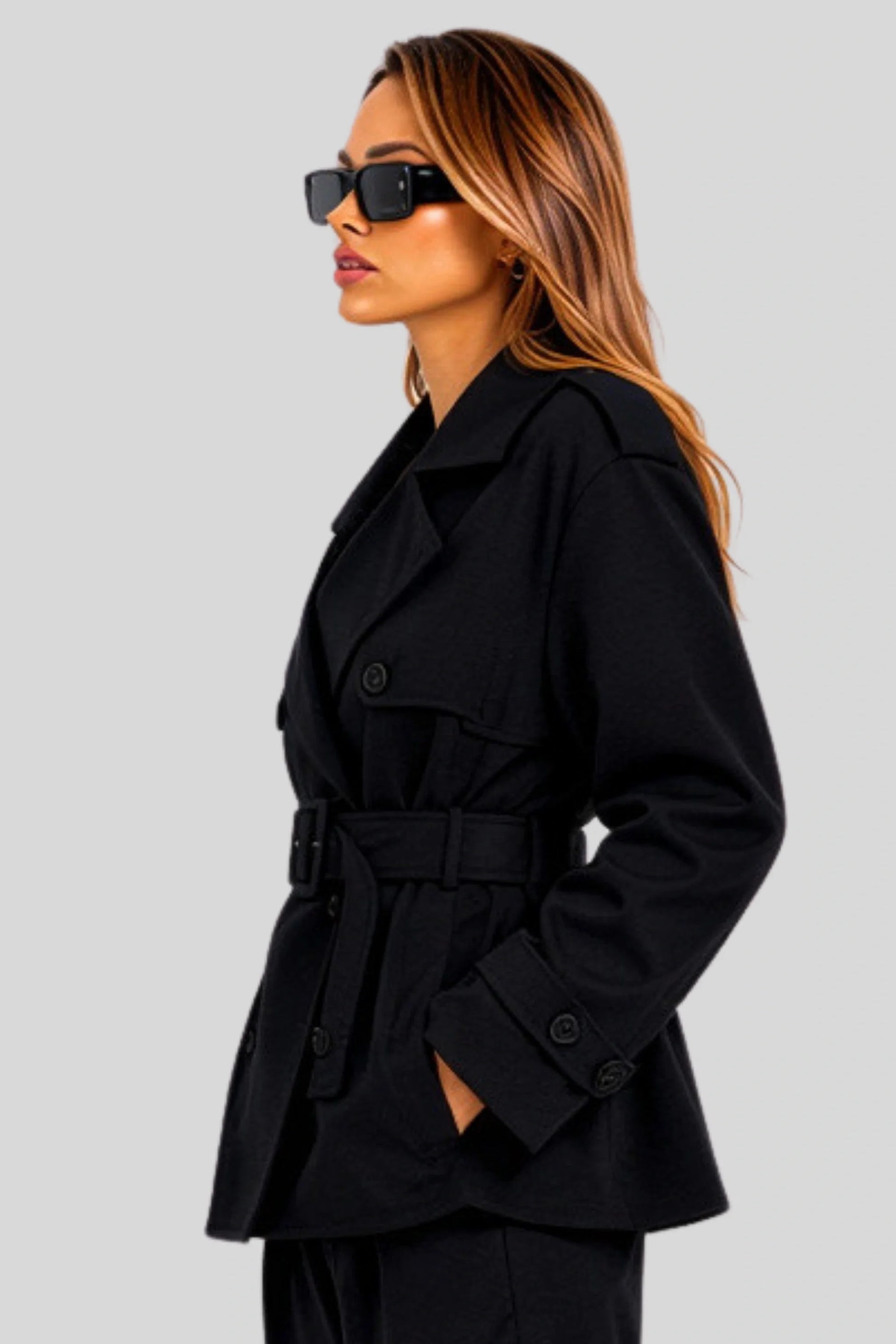 Short Double-Breasted Trench Jacket with Belt – Black
