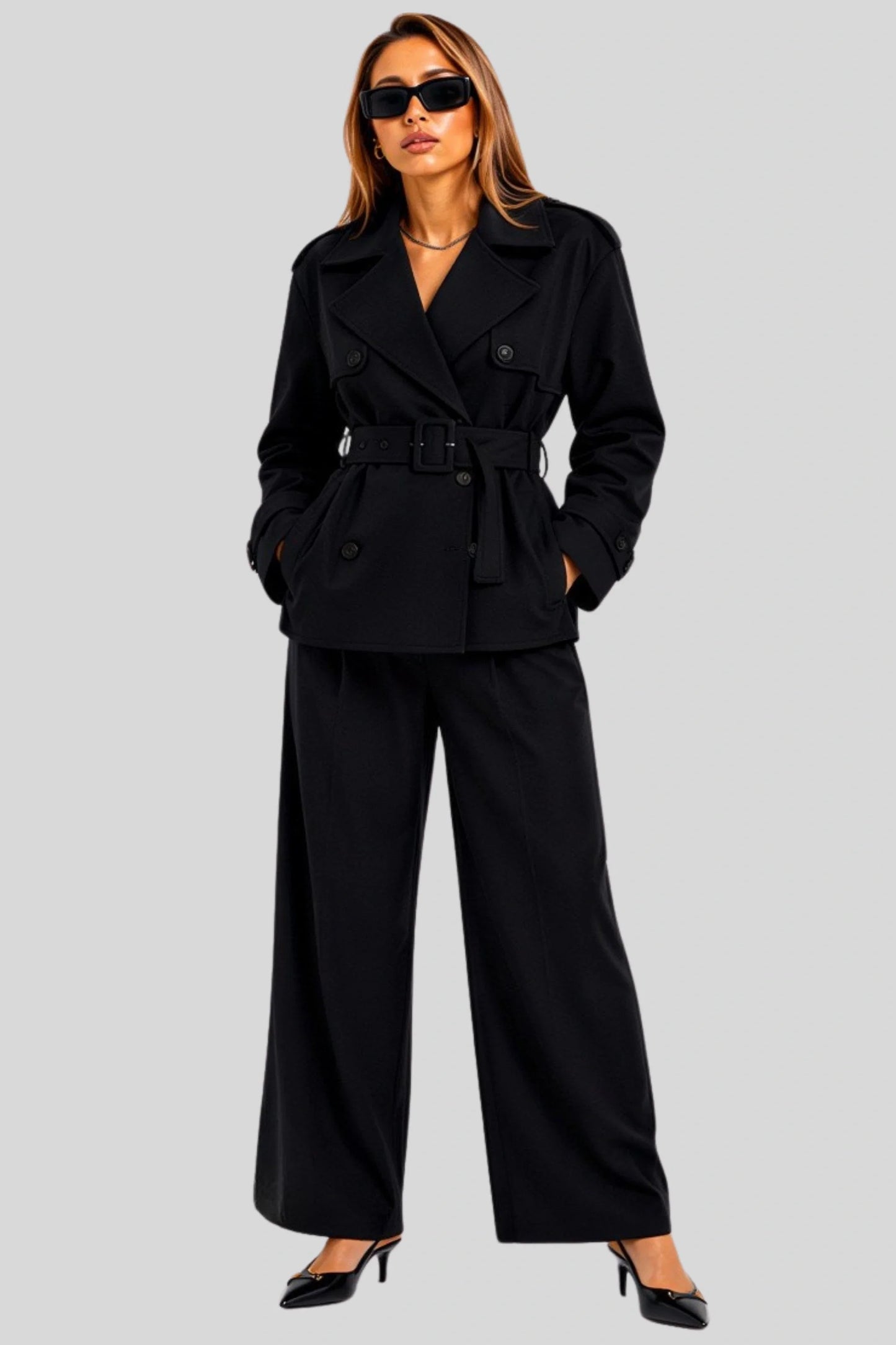 Short Double-Breasted Trench Jacket with Belt – Black