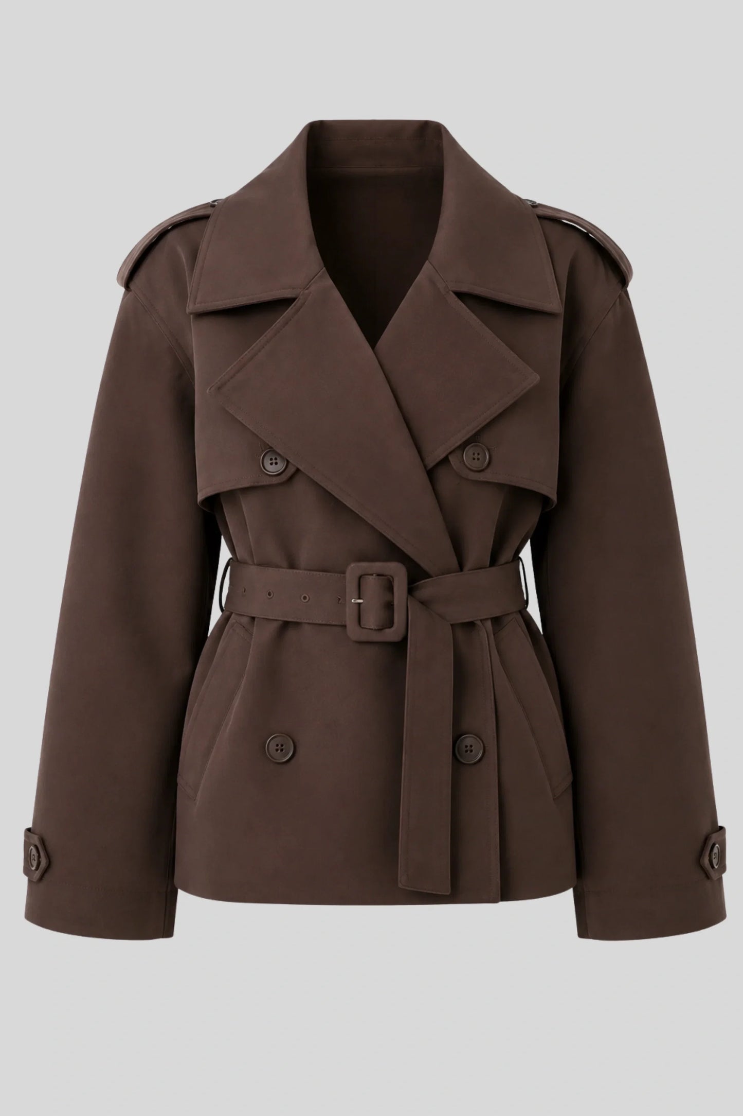 Short Double-Breasted Trench Jacket with Belt – Chocolate Chocolate