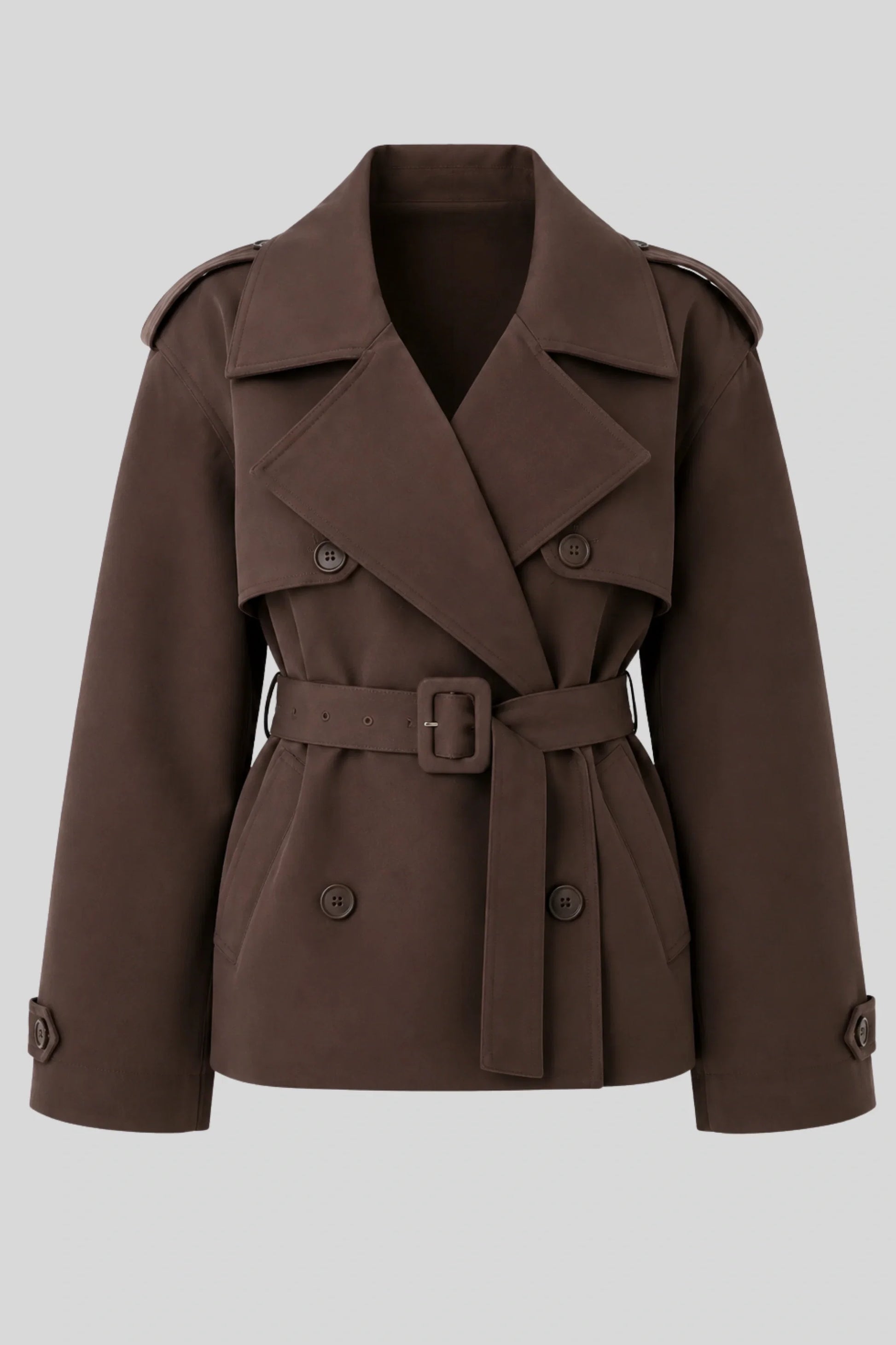 Short Double-Breasted Trench Jacket with Belt – Chocolate Chocolate