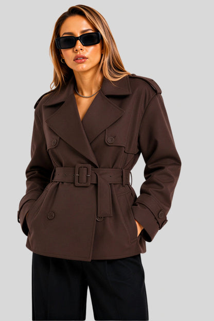 Short Double-Breasted Trench Jacket with Belt – Chocolate Chocolate