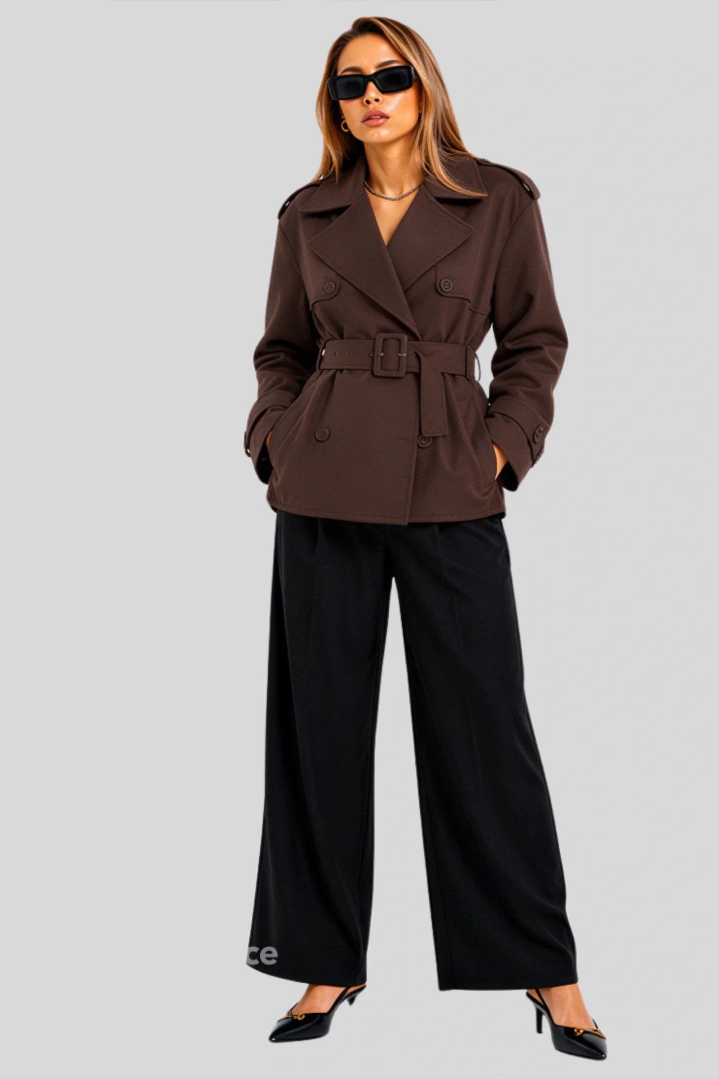 Short Double-Breasted Trench Jacket with Belt – Chocolate Chocolate