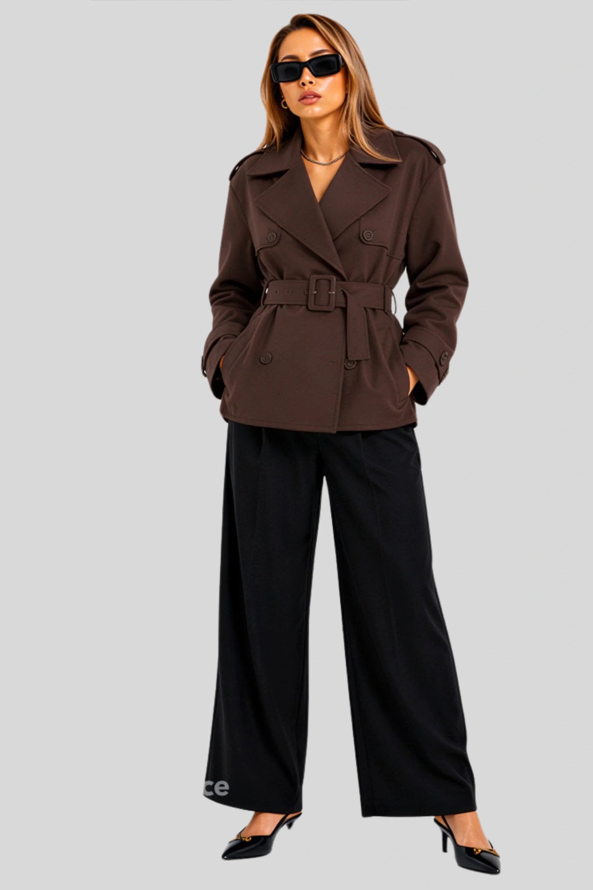 Short Double-Breasted Trench Jacket with Belt – Chocolate Chocolate