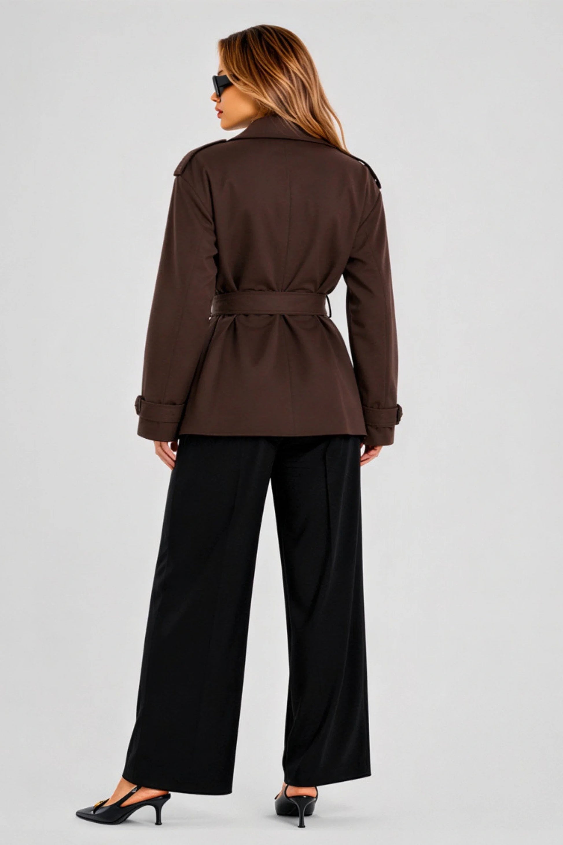 Short Double-Breasted Trench Jacket with Belt – Chocolate Chocolate