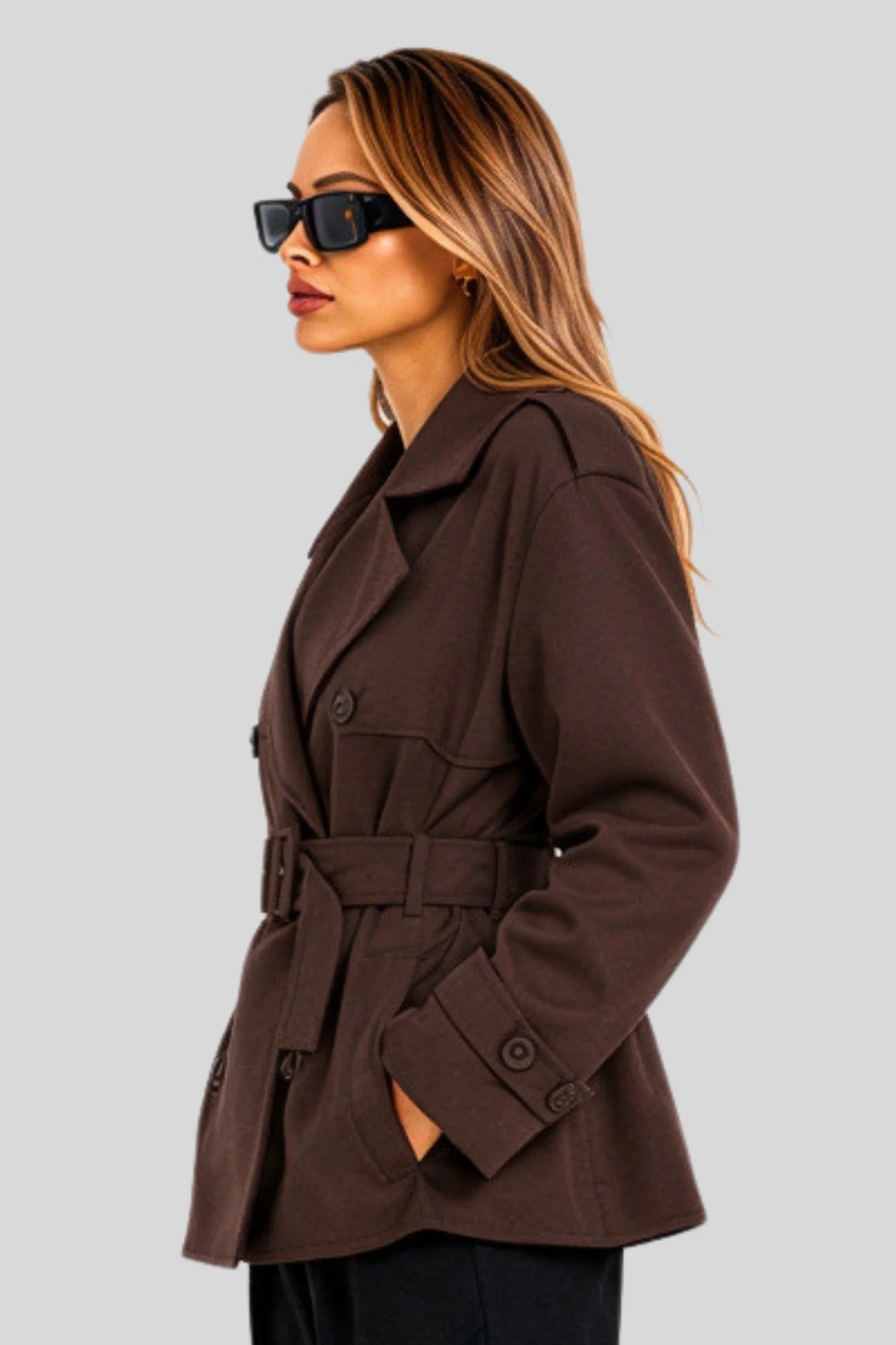 Short Double-Breasted Trench Jacket with Belt – Chocolate Chocolate