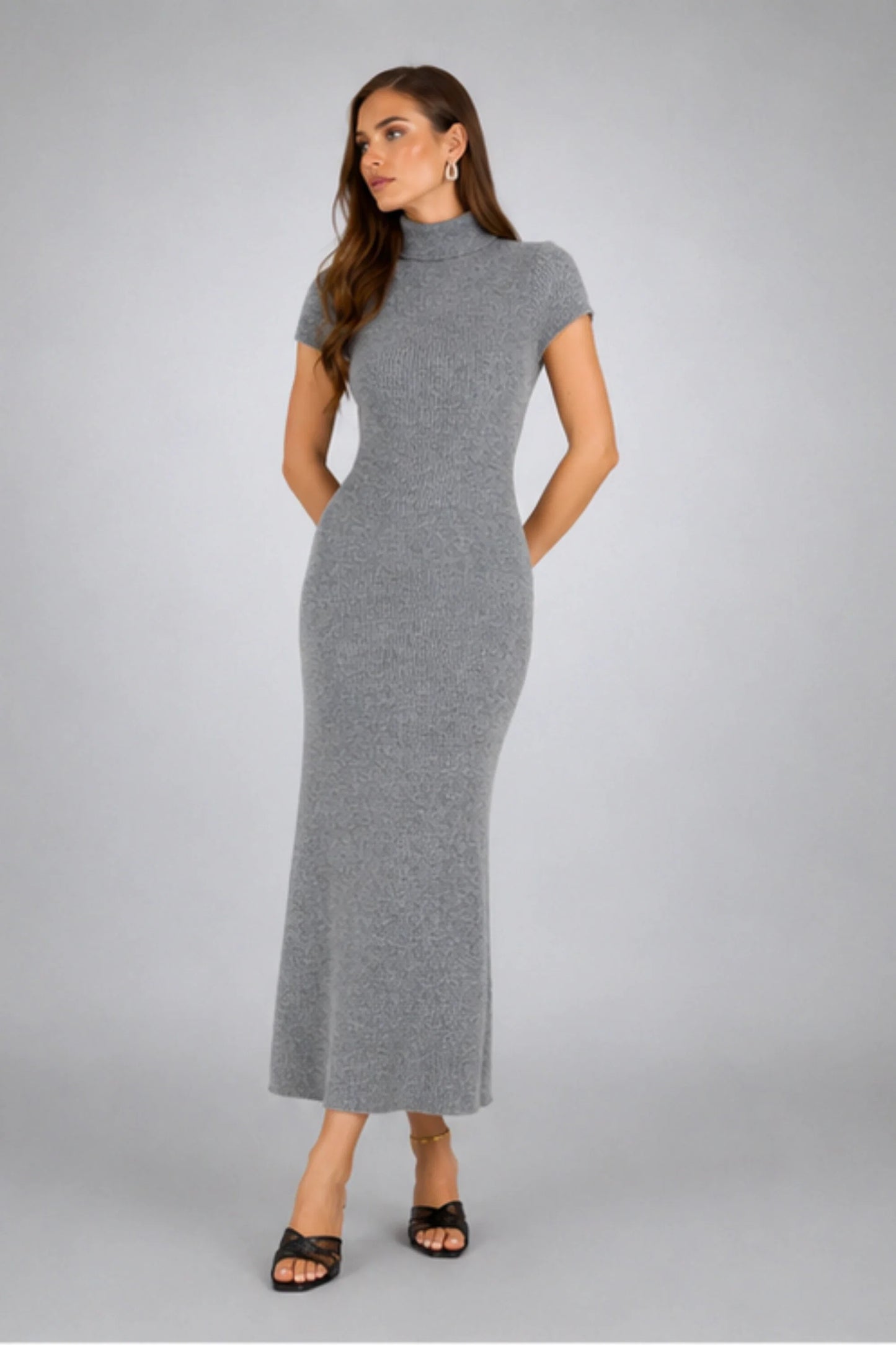 Short Sleeve Turtleneck Midi Knit Dress – Gray Gray