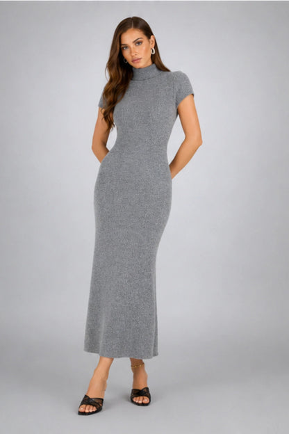 Short Sleeve Turtleneck Midi Knit Dress – Gray Gray