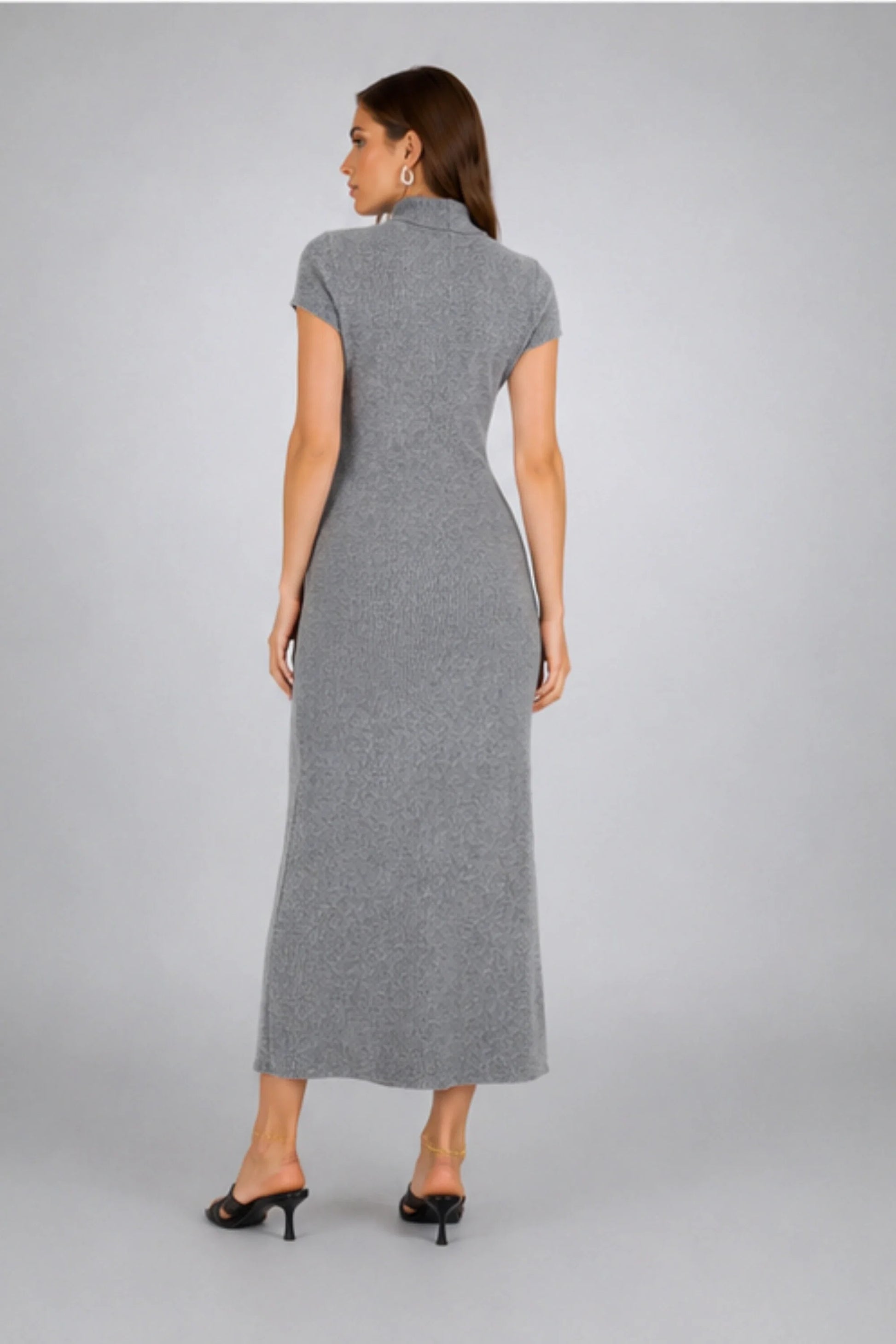 Short Sleeve Turtleneck Midi Knit Dress – Gray Gray
