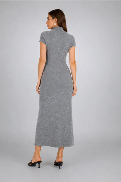 Short Sleeve Turtleneck Midi Knit Dress – Gray Gray