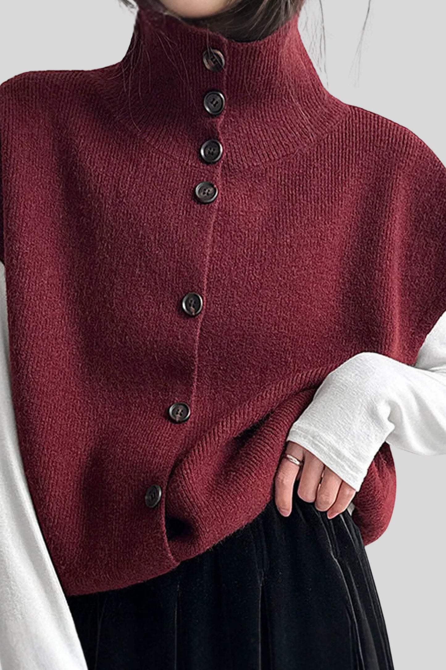 Sleeveless High Collar Knit Vest – burgundy