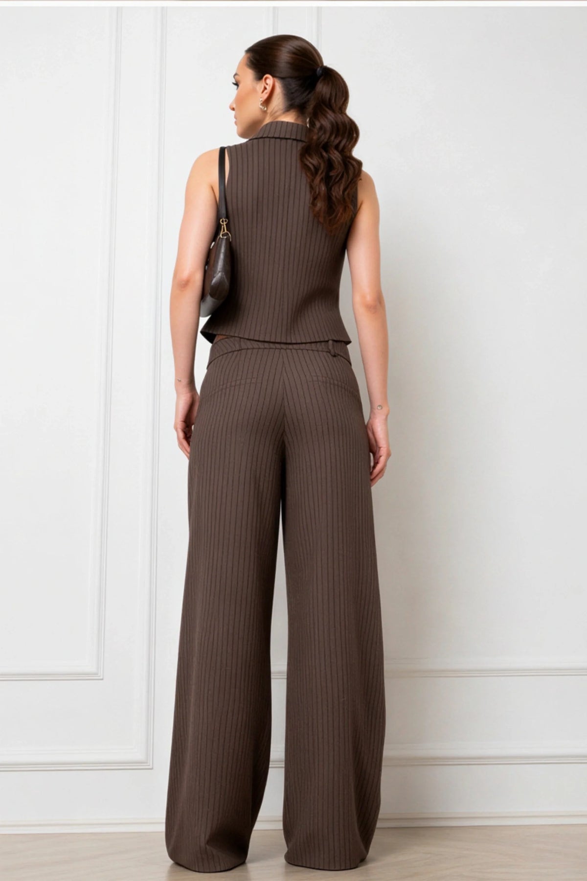 Striped Sleeveless Top and Wide-Leg Pants Set Coffee Brown