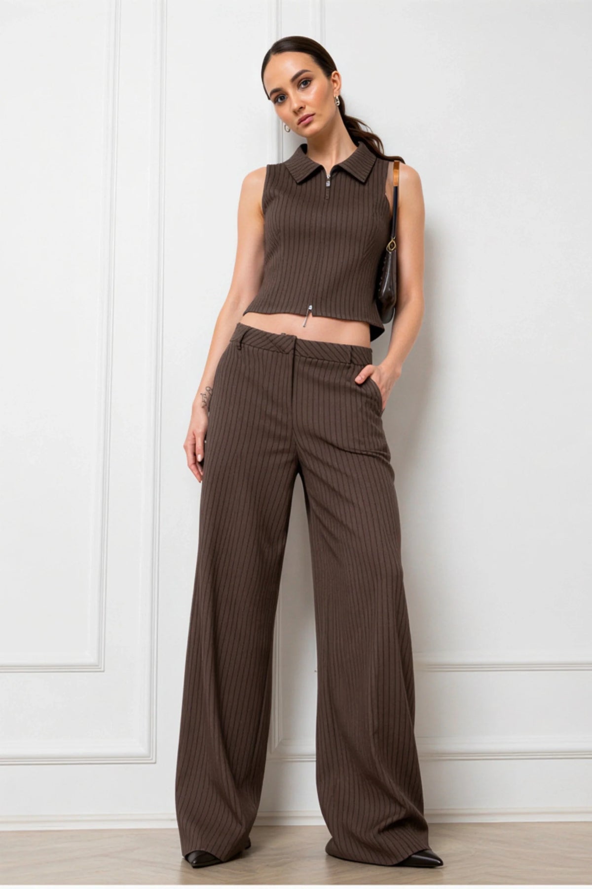 Striped Sleeveless Top and Wide-Leg Pants Set Coffee Brown