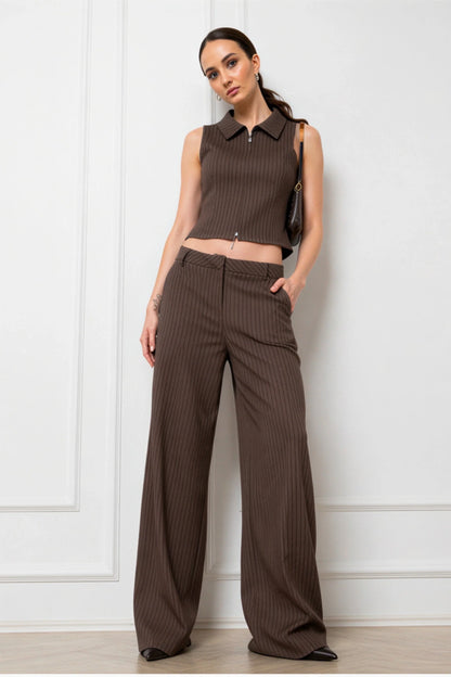 Striped Sleeveless Top and Wide-Leg Pants Set Coffee Brown