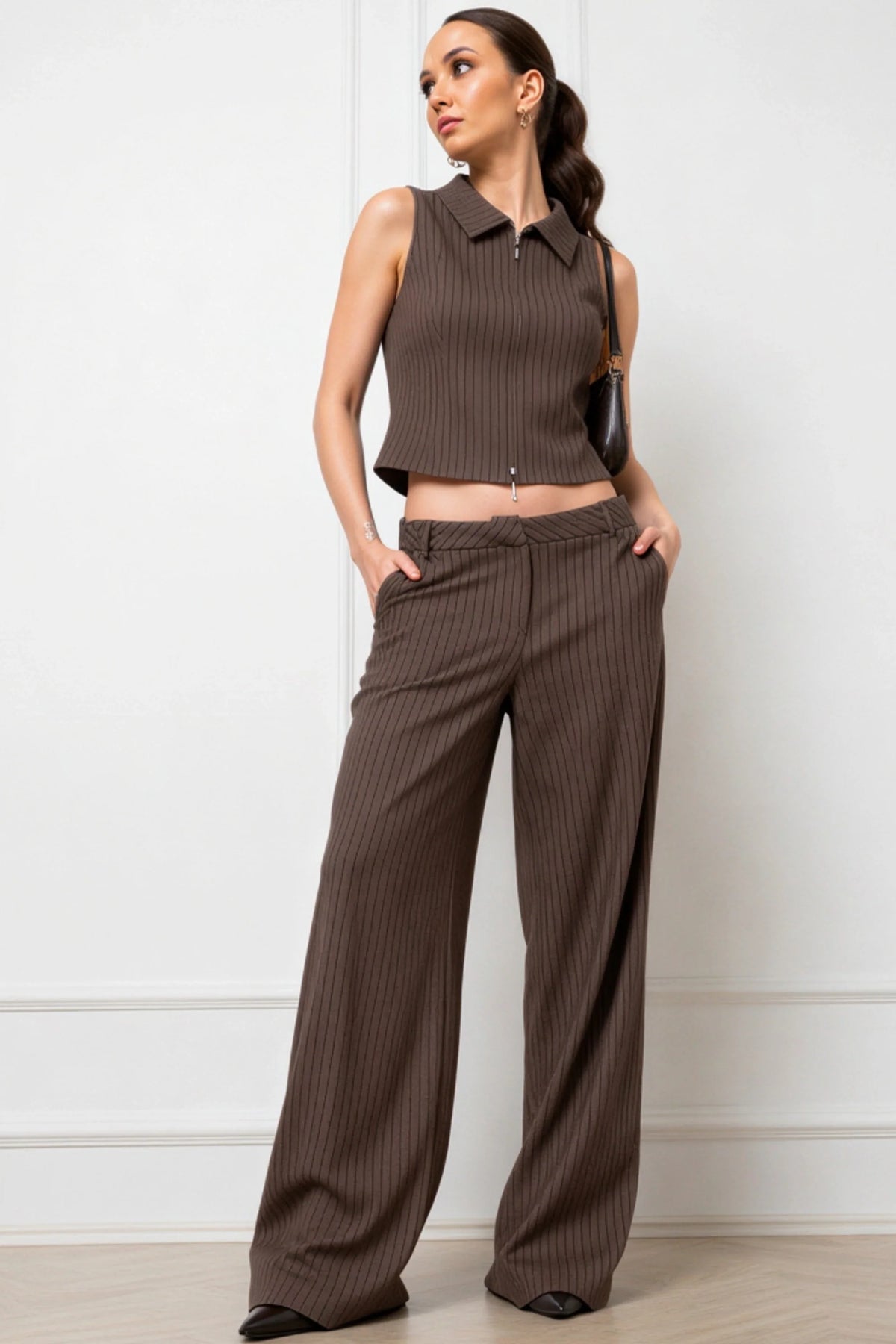 Striped Sleeveless Top and Wide-Leg Pants Set Coffee Brown