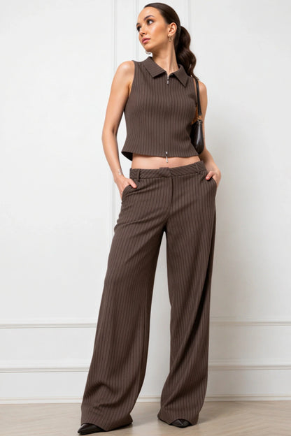 Striped Sleeveless Top and Wide-Leg Pants Set Coffee Brown