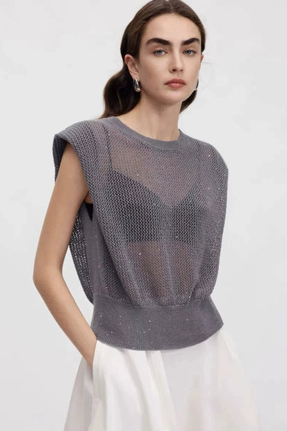 Grey Hollow-Knit Sleeveless Top with Ribbed Hem Gray